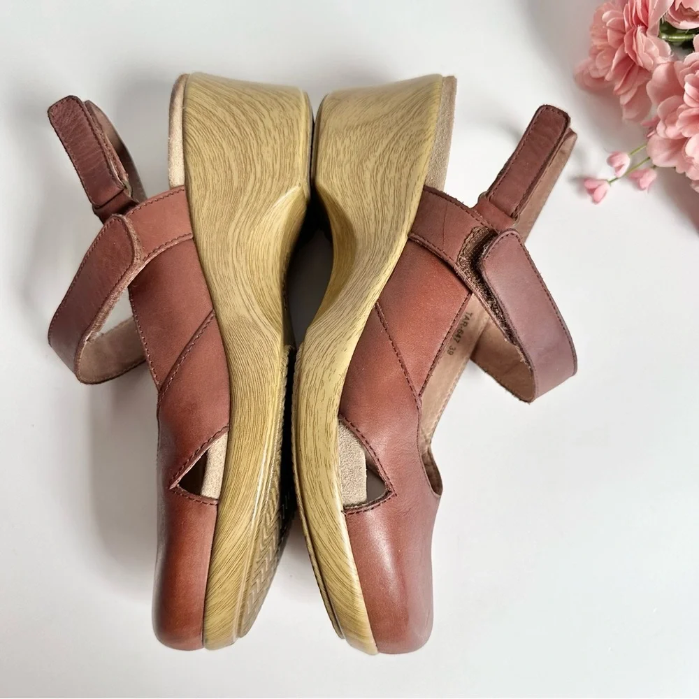 Alegria Tarah Cognac Leather Ankle Strap Wedge Shoes - Picture 10 of 16